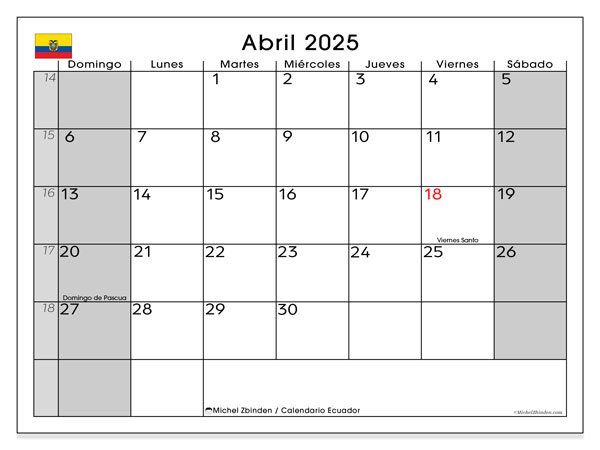 Calendario aprile 2025, Ecuador (ES). Piano da stampare gratuito.