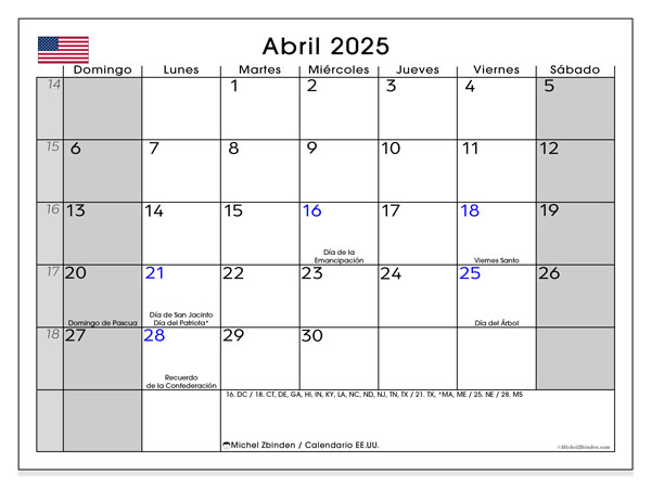 Calendario aprile 2025, Stati Uniti (ES). Piano da stampare gratuito.