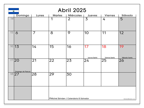 Calendario aprile 2025, El Salvador (ES). Piano da stampare gratuito.