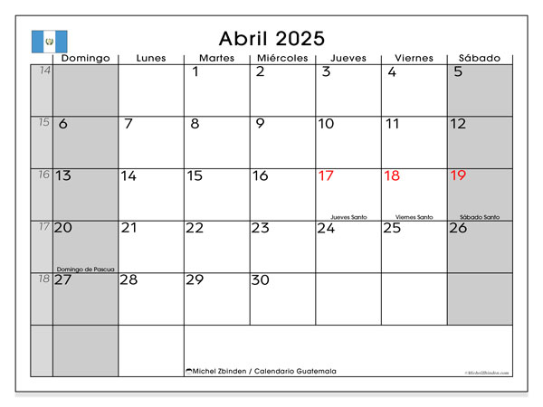 Calendario aprile 2025, Guatemala (ES). Piano da stampare gratuito.