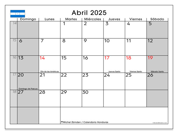 Calendario aprile 2025, Honduras (ES). Piano da stampare gratuito.