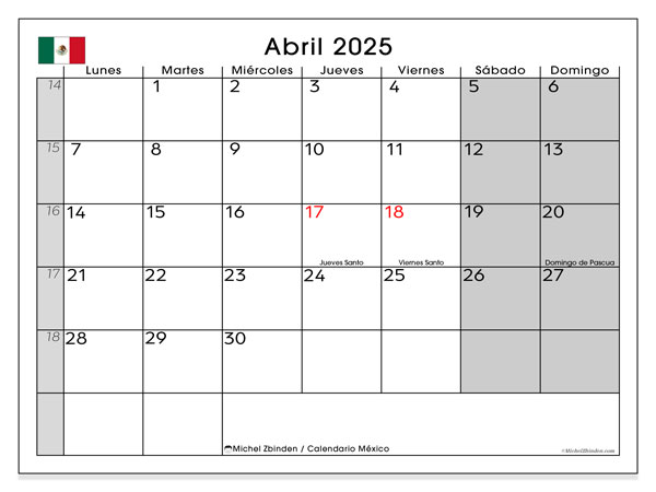 Calendario aprile 2025, Messico (ES). Piano da stampare gratuito.