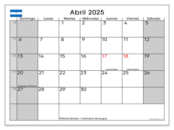 Calendario aprile 2025, Nicaragua (ES). Piano da stampare gratuito.