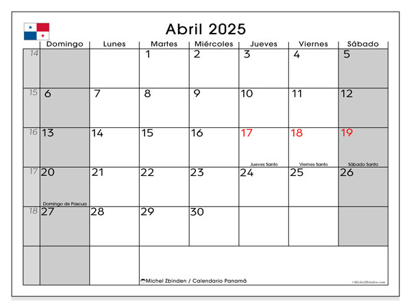 Calendario aprile 2025, Panama (ES). Piano da stampare gratuito.