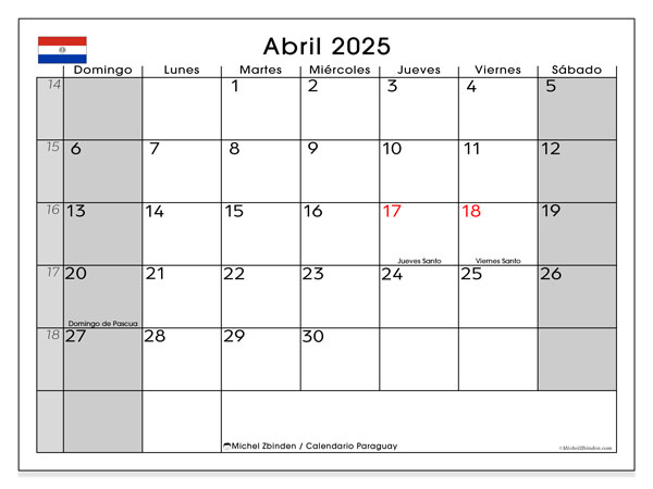 Calendario aprile 2025, Paraguay (ES). Piano da stampare gratuito.