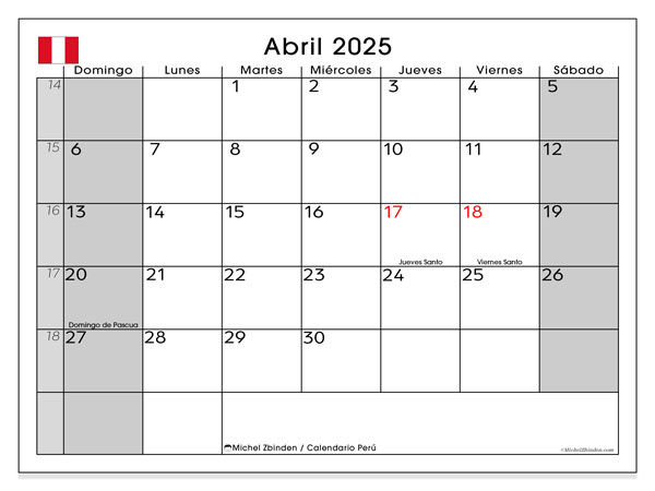 Calendario aprile 2025, Perù (ES). Piano da stampare gratuito.