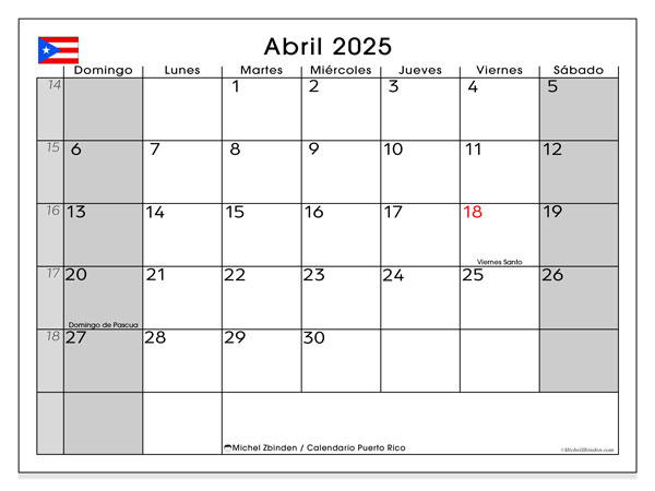 Calendario aprile 2025, Porto Rico (ES). Piano da stampare gratuito.