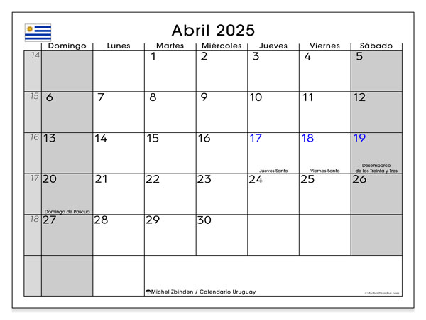 Calendario aprile 2025, Uruguay (ES). Piano da stampare gratuito.
