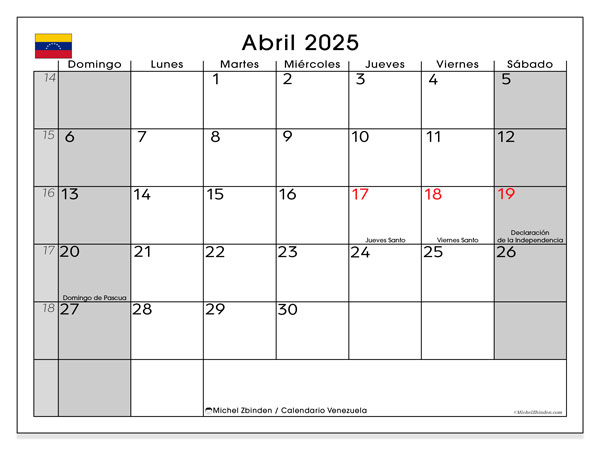 Calendario aprile 2025, Venezuela (ES). Piano da stampare gratuito.