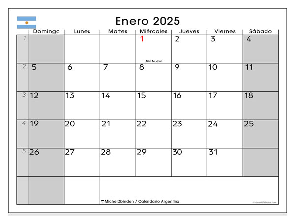 Calendario gennaio 2025, Argentina (ES). Calendario da stampare gratuito.