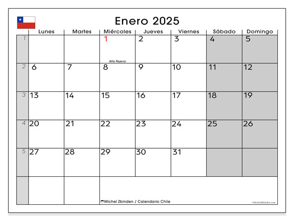 Kalender Januar 2025, Chile (ES). Programm zum Ausdrucken kostenlos.