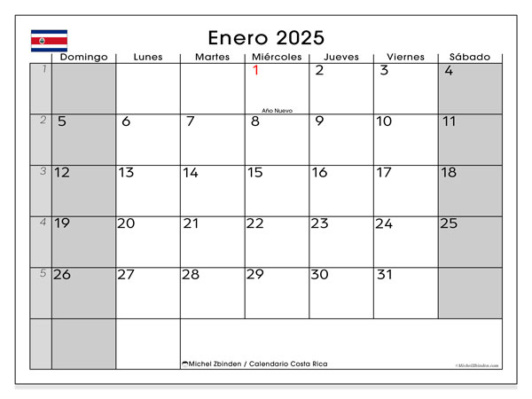 Calendario gennaio 2025, Costa Rica (ES). Calendario da stampare gratuito.