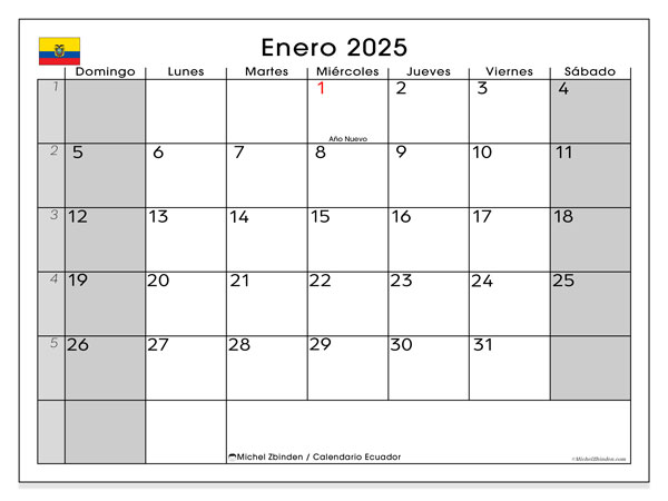 Calendario gennaio 2025, Ecuador (ES). Calendario da stampare gratuito.