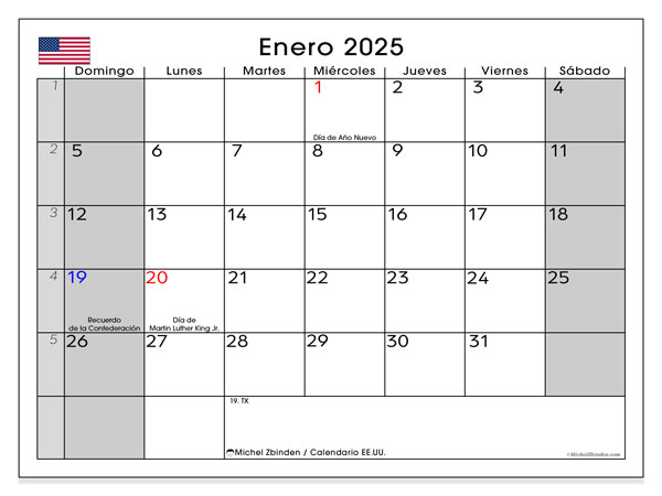 Calendario gennaio 2025, Stati Uniti (ES). Calendario da stampare gratuito.