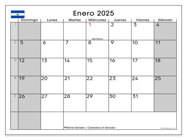 Kalender Januar 2025, El Salvador (ES). Programm zum Ausdrucken kostenlos.