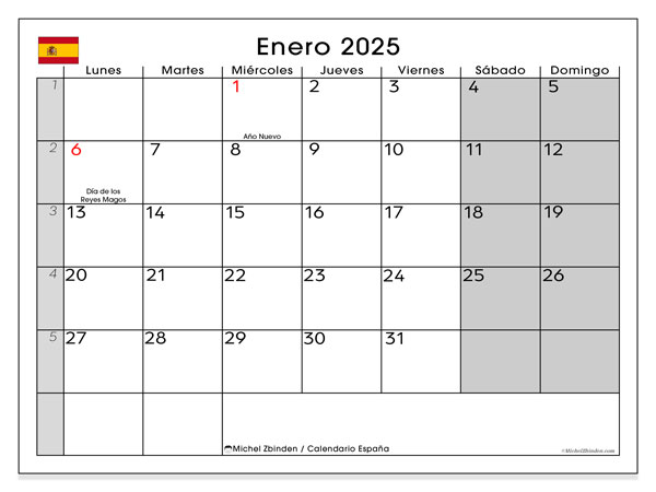 Calendario gennaio 2025, Spagna (ES). Calendario da stampare gratuito.