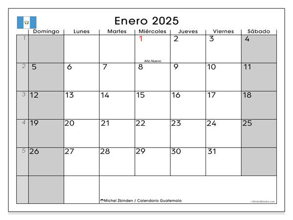 Calendario gennaio 2025, Guatemala (ES). Calendario da stampare gratuito.