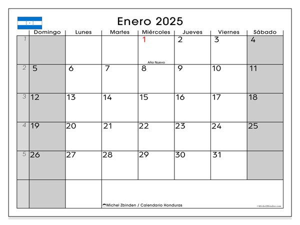 Calendario gennaio 2025, Honduras (ES). Calendario da stampare gratuito.