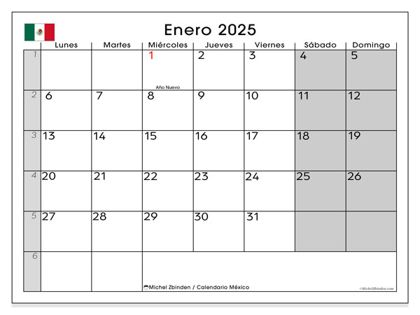 Calendario gennaio 2025, Messico (ES). Calendario da stampare gratuito.