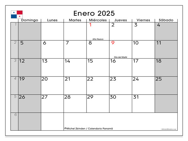 Calendario gennaio 2025, Panama (ES). Calendario da stampare gratuito.