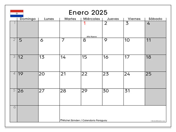 Kalender Januar 2025, Paraguay (ES). Programm zum Ausdrucken kostenlos.