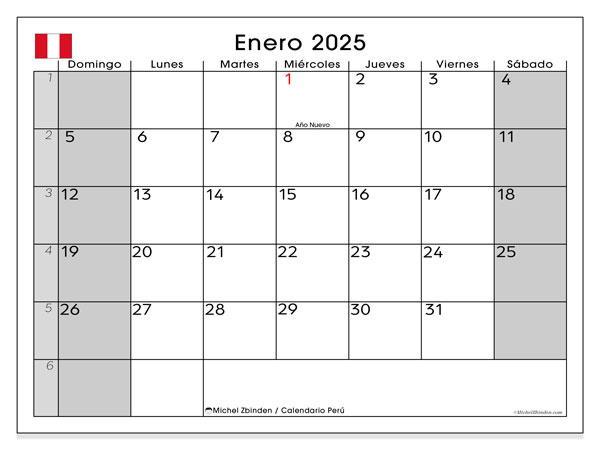 Calendario gennaio 2025, Perù (ES). Calendario da stampare gratuito.