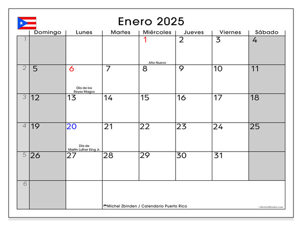 Calendario gennaio 2025, Porto Rico (ES). Calendario da stampare gratuito.