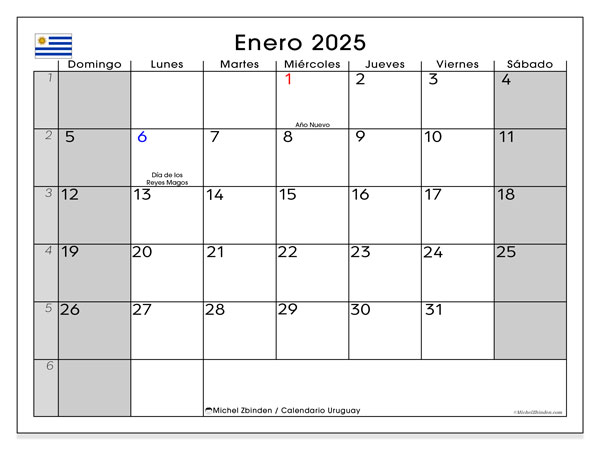 Kalender Januar 2025, Uruguay (ES). Programm zum Ausdrucken kostenlos.