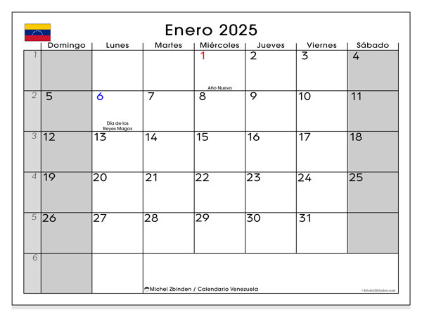 Calendario gennaio 2025, Venezuela (ES). Calendario da stampare gratuito.