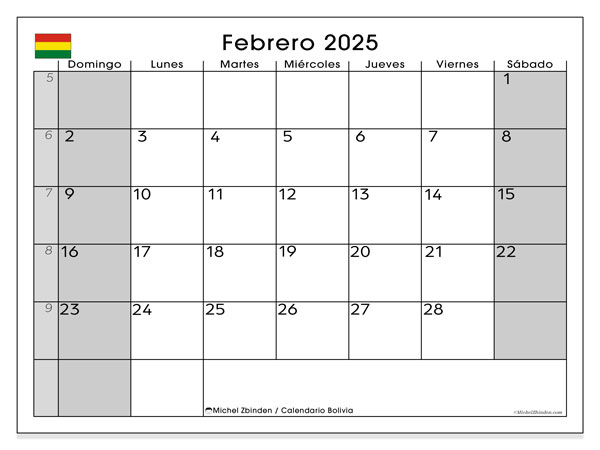 Kalender Februar 2025, Bolivien (ES). Kalender zum Ausdrucken kostenlos.