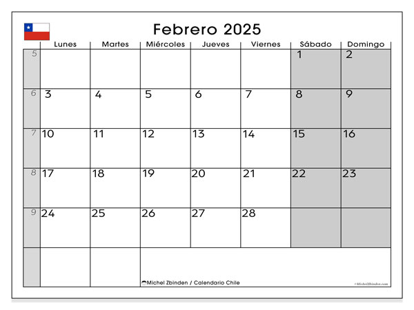 Calendario febbraio 2025, Cile (ES). Programma da stampare gratuito.