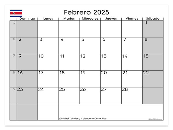 Kalender Februar 2025, Costa Rica (ES). Kalender zum Ausdrucken kostenlos.