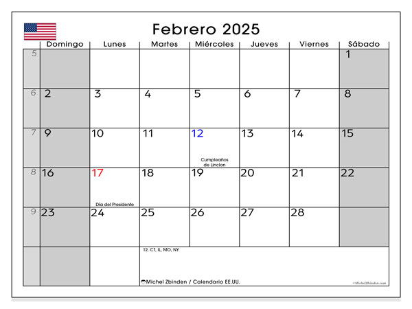 Calendario febbraio 2025, Stati Uniti (ES). Programma da stampare gratuito.