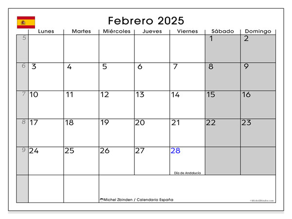 Calendario febbraio 2025, Spagna (ES). Programma da stampare gratuito.