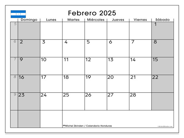 Kalender Februar 2025, Honduras (ES). Kalender zum Ausdrucken kostenlos.