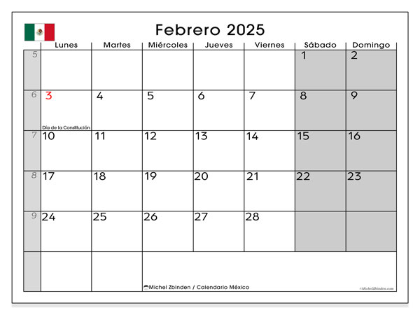 Kalender Februar 2025, Mexiko (ES). Kalender zum Ausdrucken kostenlos.