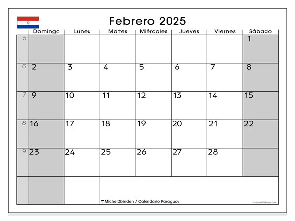 Calendario febbraio 2025, Paraguay (ES). Programma da stampare gratuito.