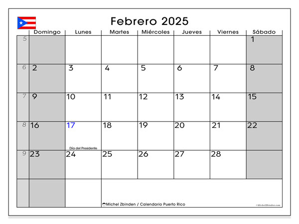 Calendario febbraio 2025, Porto Rico (ES). Programma da stampare gratuito.