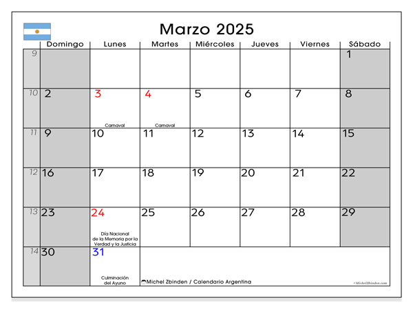 Kalender März 2025, Argentinien (ES). Programm zum Ausdrucken kostenlos.