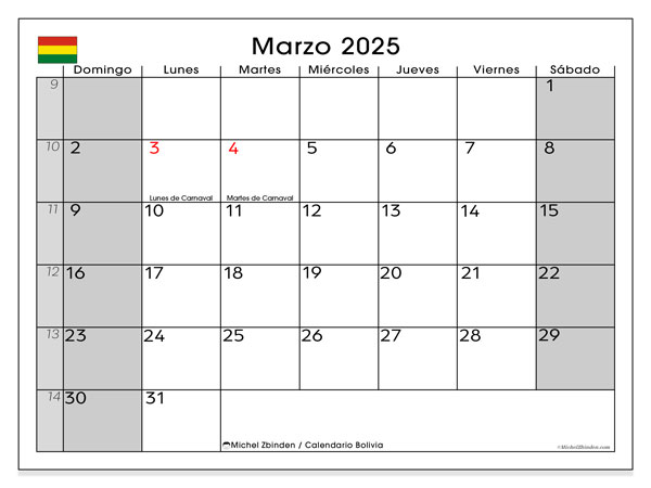 Kalender mars 2025, Bolivia (ES). Gratis karta som kan skrivas ut.