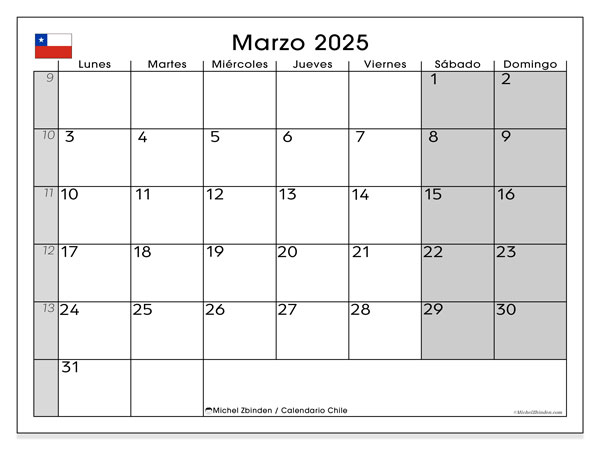 Calendario marzo 2025, Cile (ES). Orario da stampare gratuito.