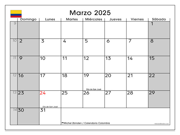Calendario marzo 2025, Colombia (ES). Orario da stampare gratuito.