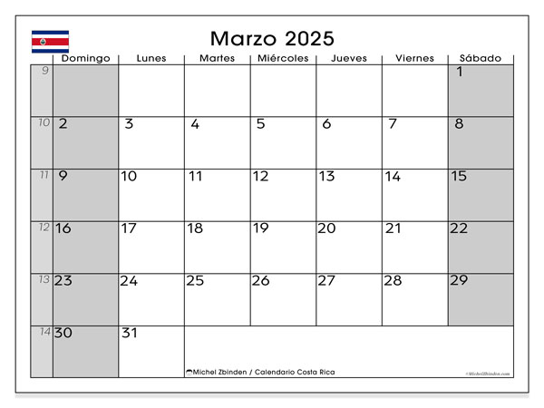 Kalender mars 2025, Costa Rica (ES). Gratis karta som kan skrivas ut.