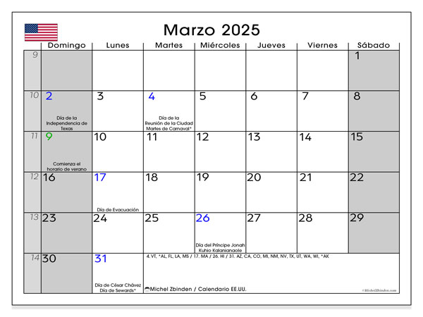 Calendario marzo 2025, Stati Uniti (ES). Orario da stampare gratuito.
