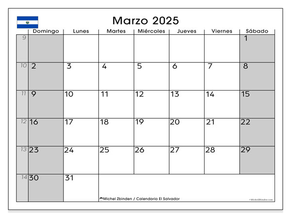 Kalender mars 2025, El Salvador (ES). Gratis karta som kan skrivas ut.