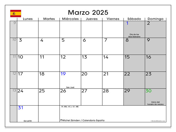 Calendario marzo 2025, Spagna (ES). Orario da stampare gratuito.