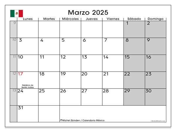 Kalender März 2025, Mexiko (ES). Programm zum Ausdrucken kostenlos.