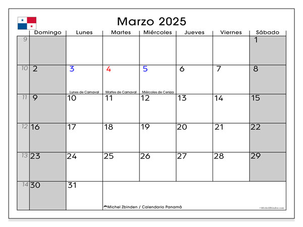Calendario marzo 2025, Panama (ES). Orario da stampare gratuito.
