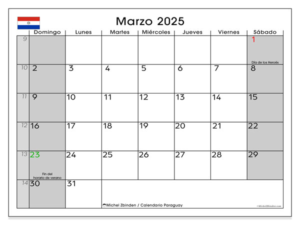 Kalender mars 2025, Paraguay (ES). Gratis karta som kan skrivas ut.