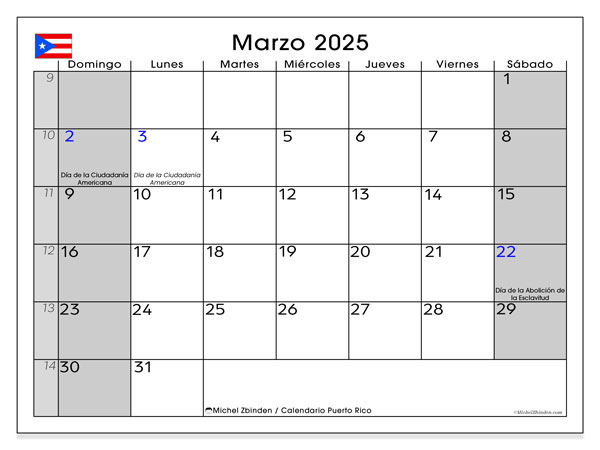 Calendario marzo 2025, Porto Rico (ES). Orario da stampare gratuito.